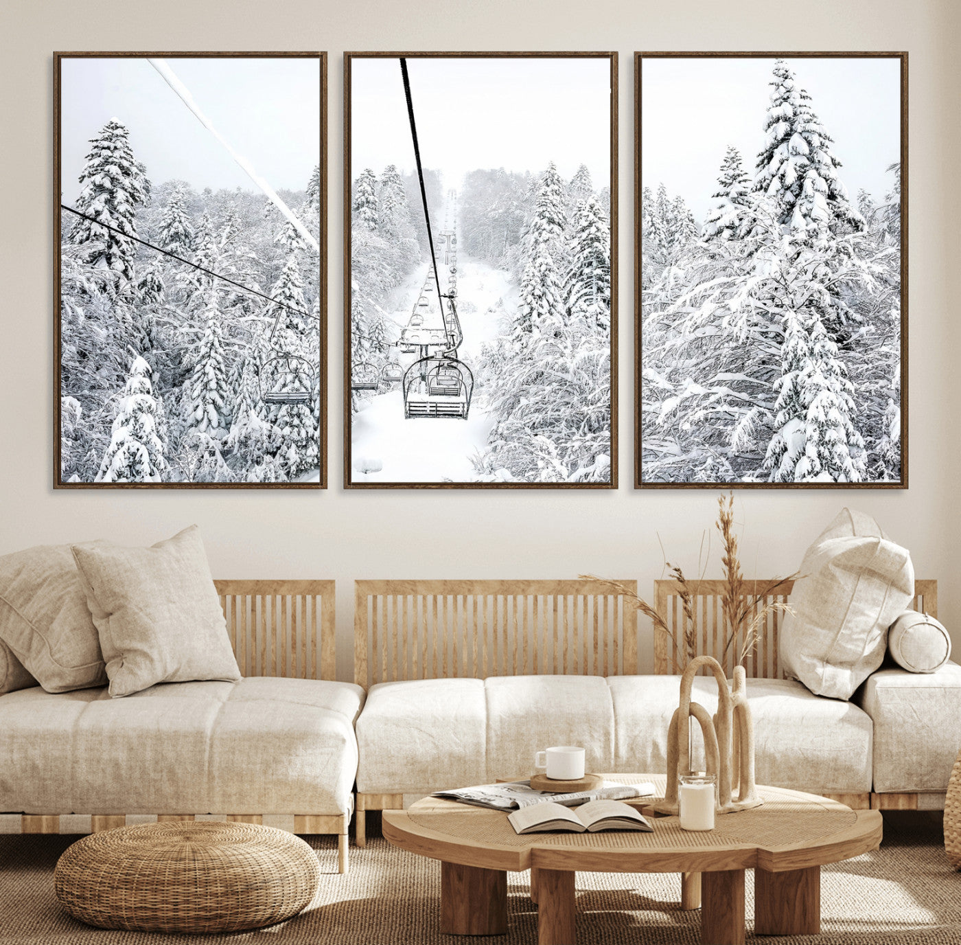 60296839-MGV-FC-60X30-3P_Walnut-Snowy Mountains Wall Art Canvas Print – Framed Ski Lift Winter Forest Alpine Landscape Nature Artwork for Home Office