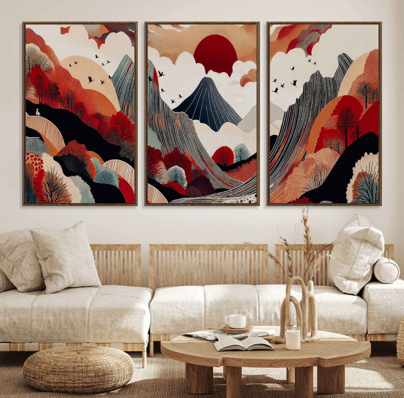 49034575-MGV-FC-60X30-3P_Walnut-Abstract Mountain Wall Art Canvas Print – Vibrant Stylized Landscape Colorful Peaks Nature Artwork for Home Office