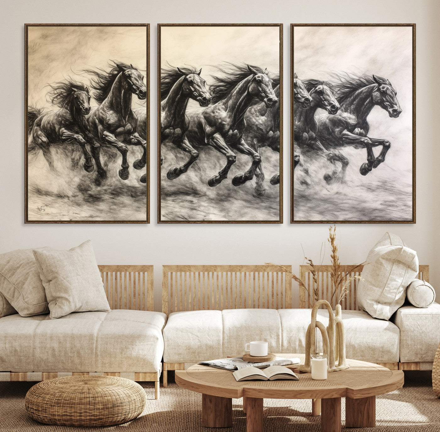 56089591-MGV-CV-36X24-Galloping Horses Wall Art Canvas Print – Framed Wild Stallions Herd Sketch Dynamic Equestrian Artwork for Home Office