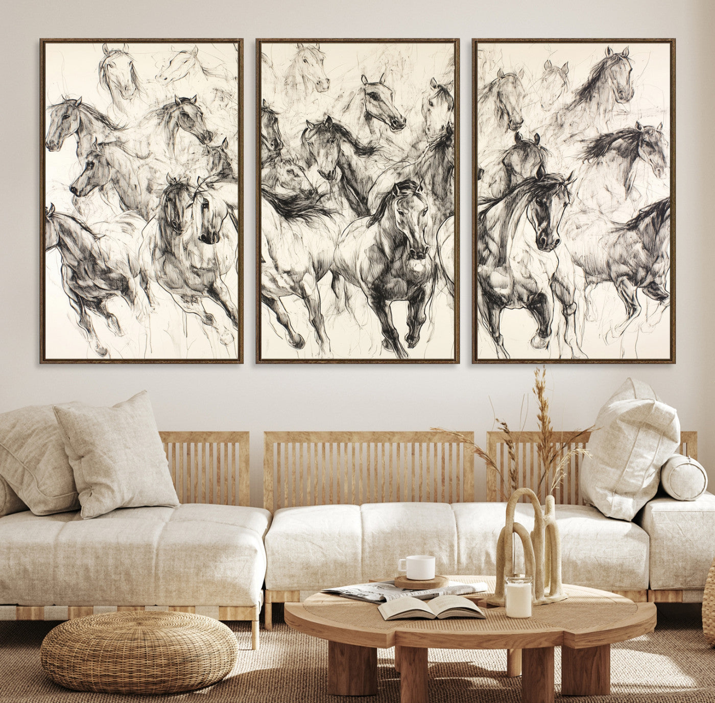 Running Horses Wall Art Canvas Print, Framed Horse Sketch Art Picture Print, Galloping Herd Perfect Monochrome Western Decor