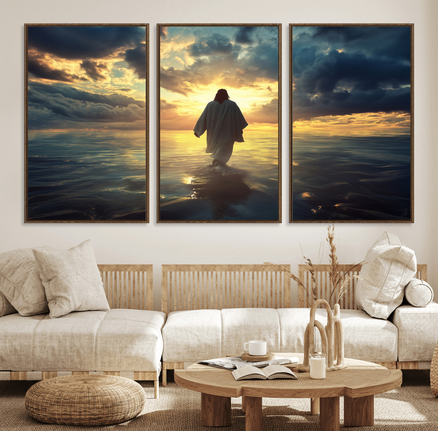 MGV-FC-60X30-3P - Jesus Walks Wall Art Canvas Print, Framed Divine Sunset Art Picture Print, Spiritual Light Perfect Spiritual Tranquil Decor Artwork