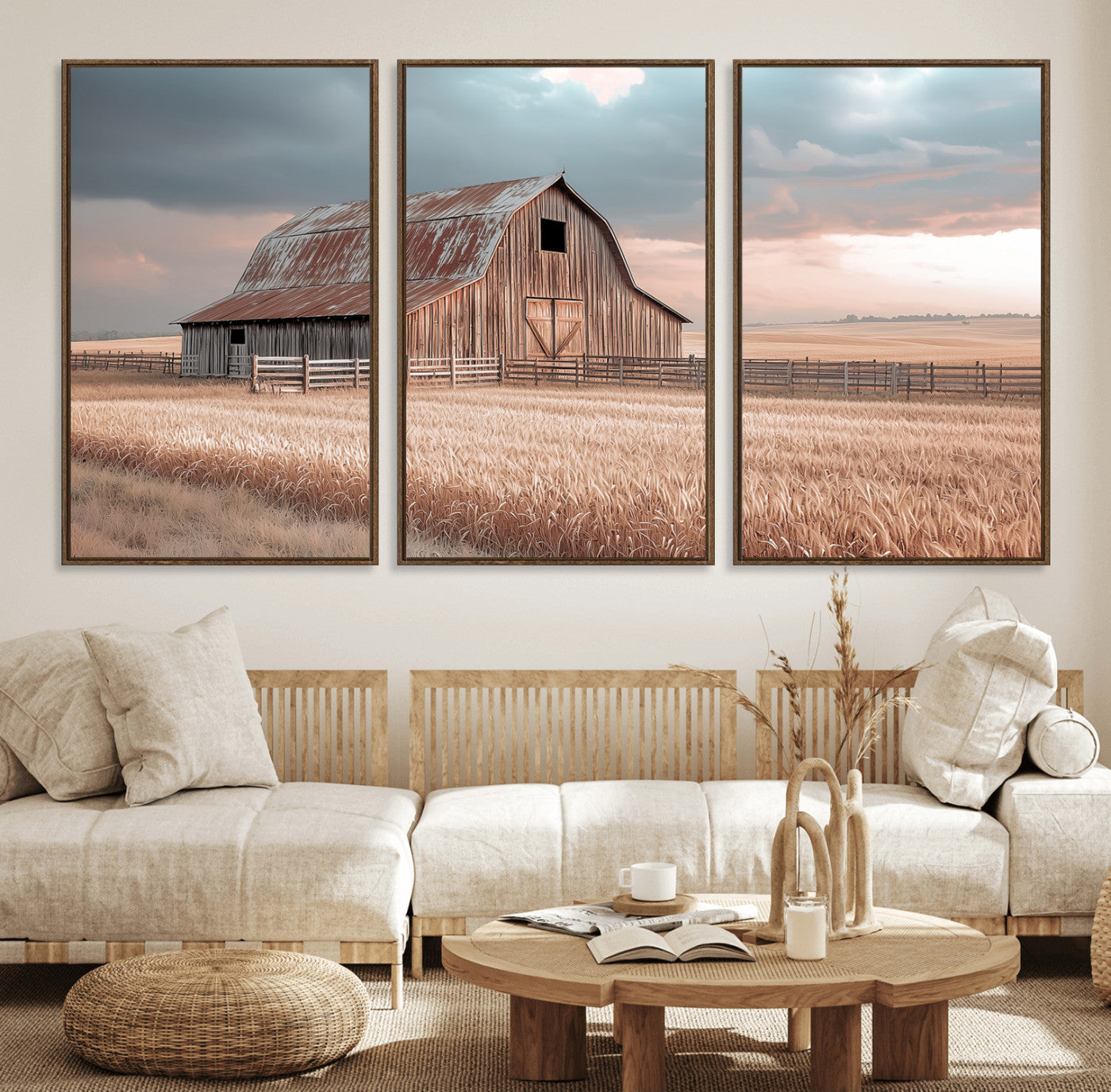 MGV-FC-60X30-3P - Rustic Barn Wall Art Canvas Print, Framed Wheat Field Art Picture Print, Sunset Barn Perfect Vintage Farmhouse Decor Artwork