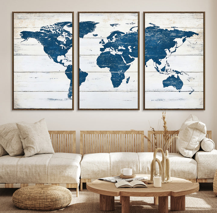 Rustic world map with blue continents on distressed wooden planks, perfect for coastal, explorer, or vintage-style wall decor.