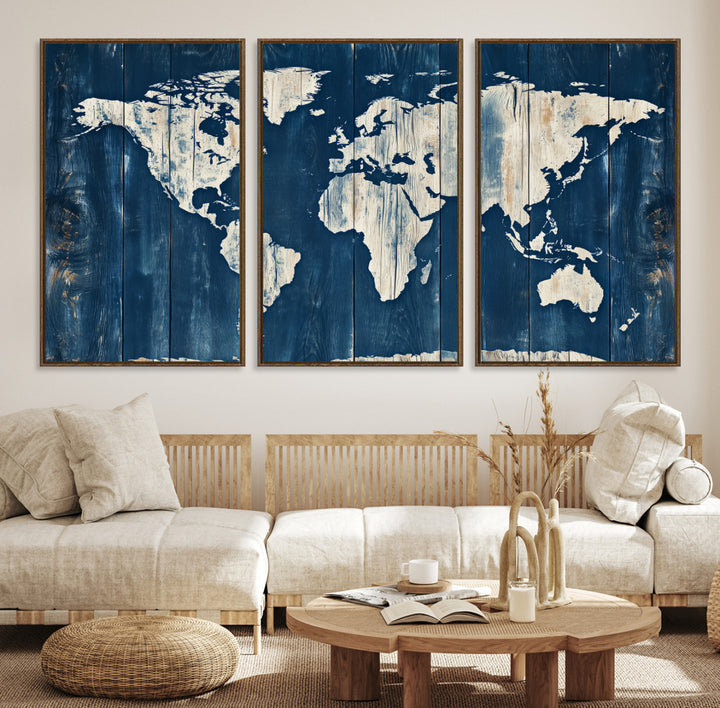 World Map Wall Art Canvas Print, Rustic Map Print, Framed Wooden World Map Art Print, Large Antique Map Decor Printing Perfect for Vintage Decor