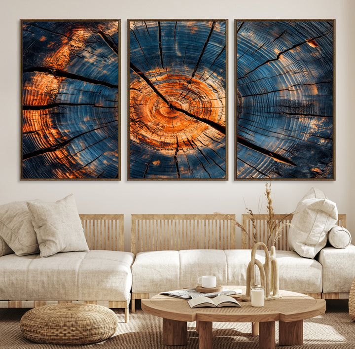 Burnt Wood Wall Art Canvas Print, Aged Timber Print, Framed Rustic Tree Slice Art Print, Large Organic Texture Printing Perfect for Rustic Decor