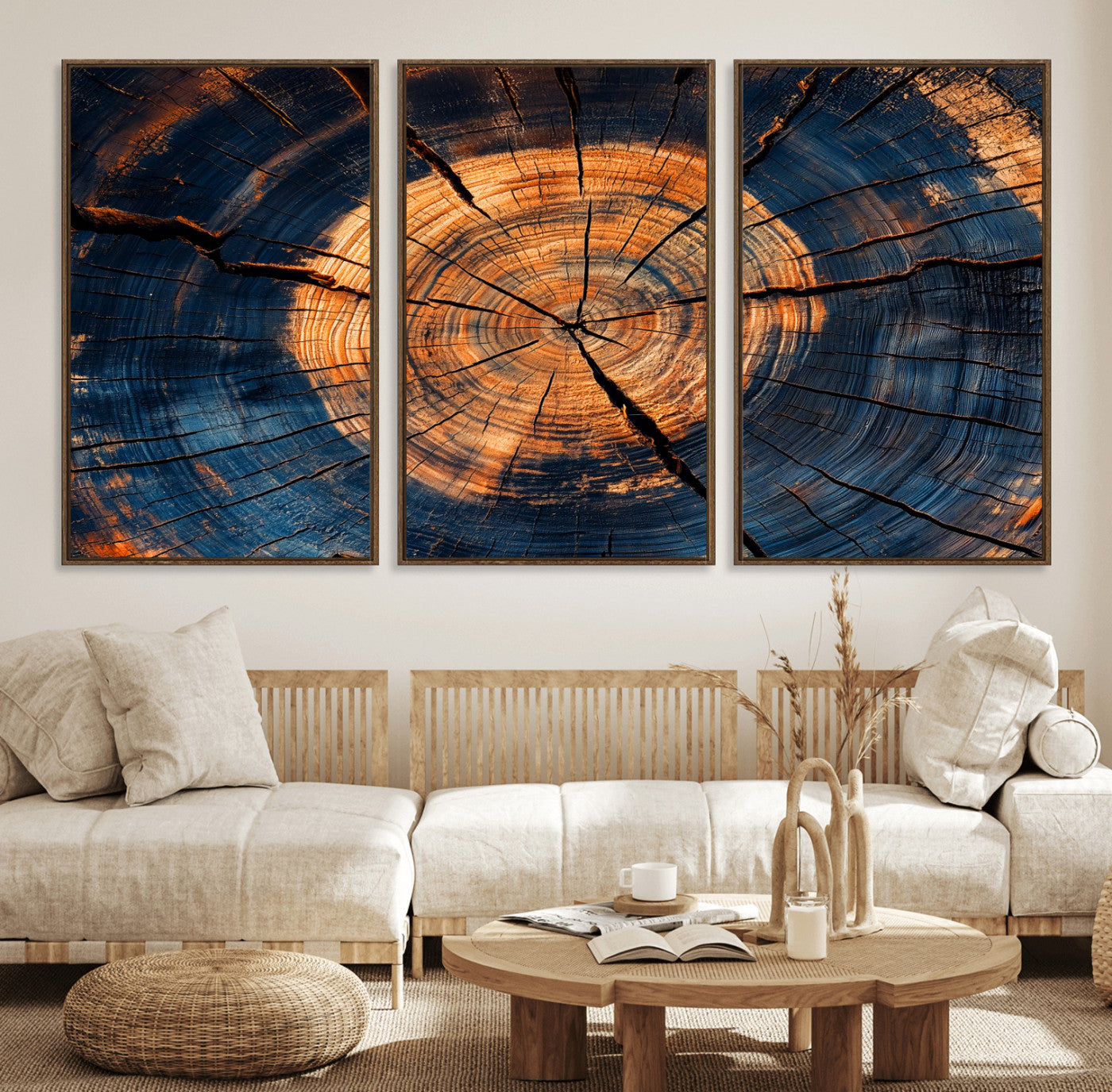MGV-FC-60X30-3P - Burnt Wood Wall Art Canvas Print, Framed Aged Timber Art Picture Print, Rustic Tree Slice Perfect Rustic Decor Artwork