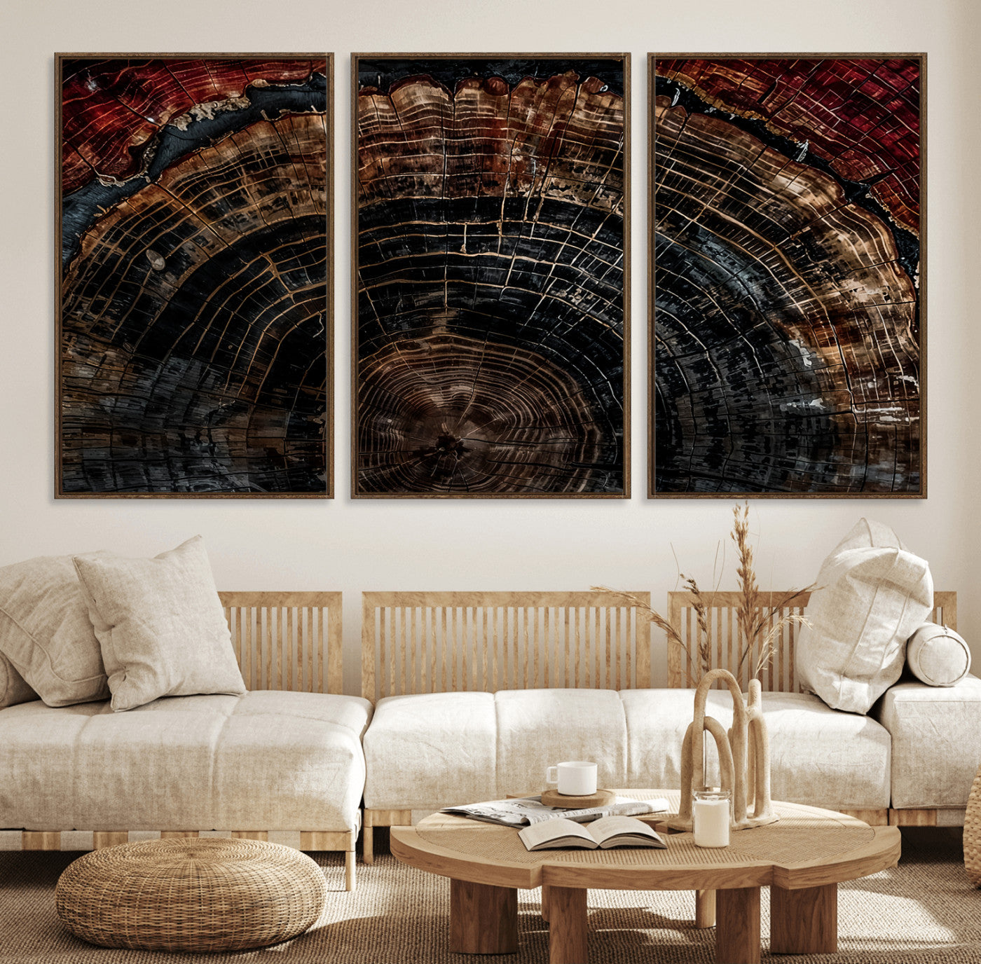 MGV-FC-60X30-3P - Dark Wood Ring Wall Art Canvas Print, Framed Abstract Wood Tree Art Picture Print, Rustic Tree Slice Perfect Rustic Decor Artwork