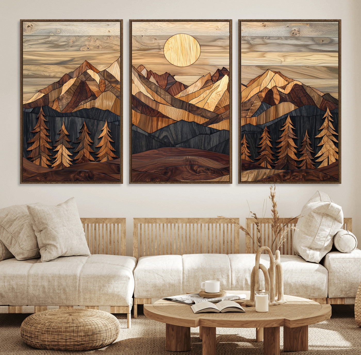 39116082-MGV-FC-60X30-3P_Walnut-Wood Mountain Landscape Wall Art Canvas Print – Framed Sunset Hills Nature Artwork, Abstract Boho Decor for Home, Office