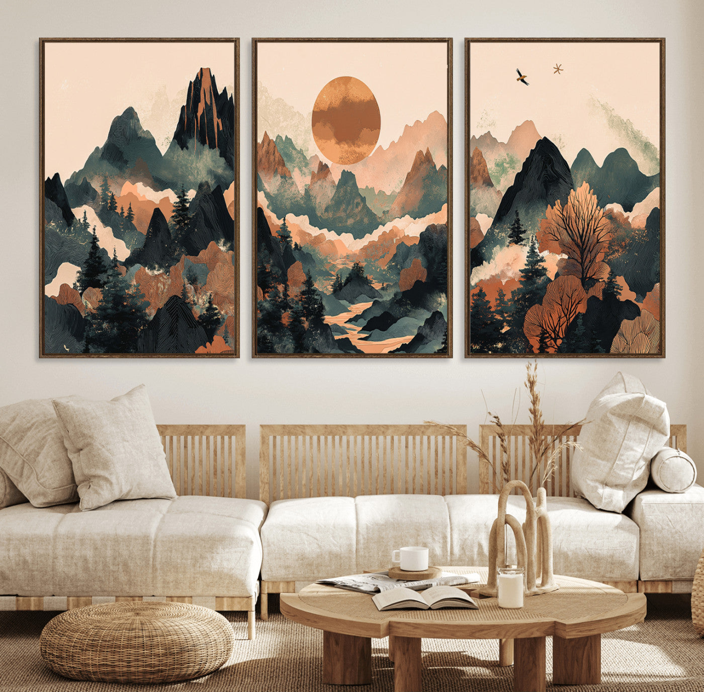 46509506-MGV-FC-60X30-3P_Walnut-Wood Mountain Landscape Wall Art Canvas Print – Framed Sunset Hills Artwork, Abstract Nature Perfect Boho Decor for Home, Office