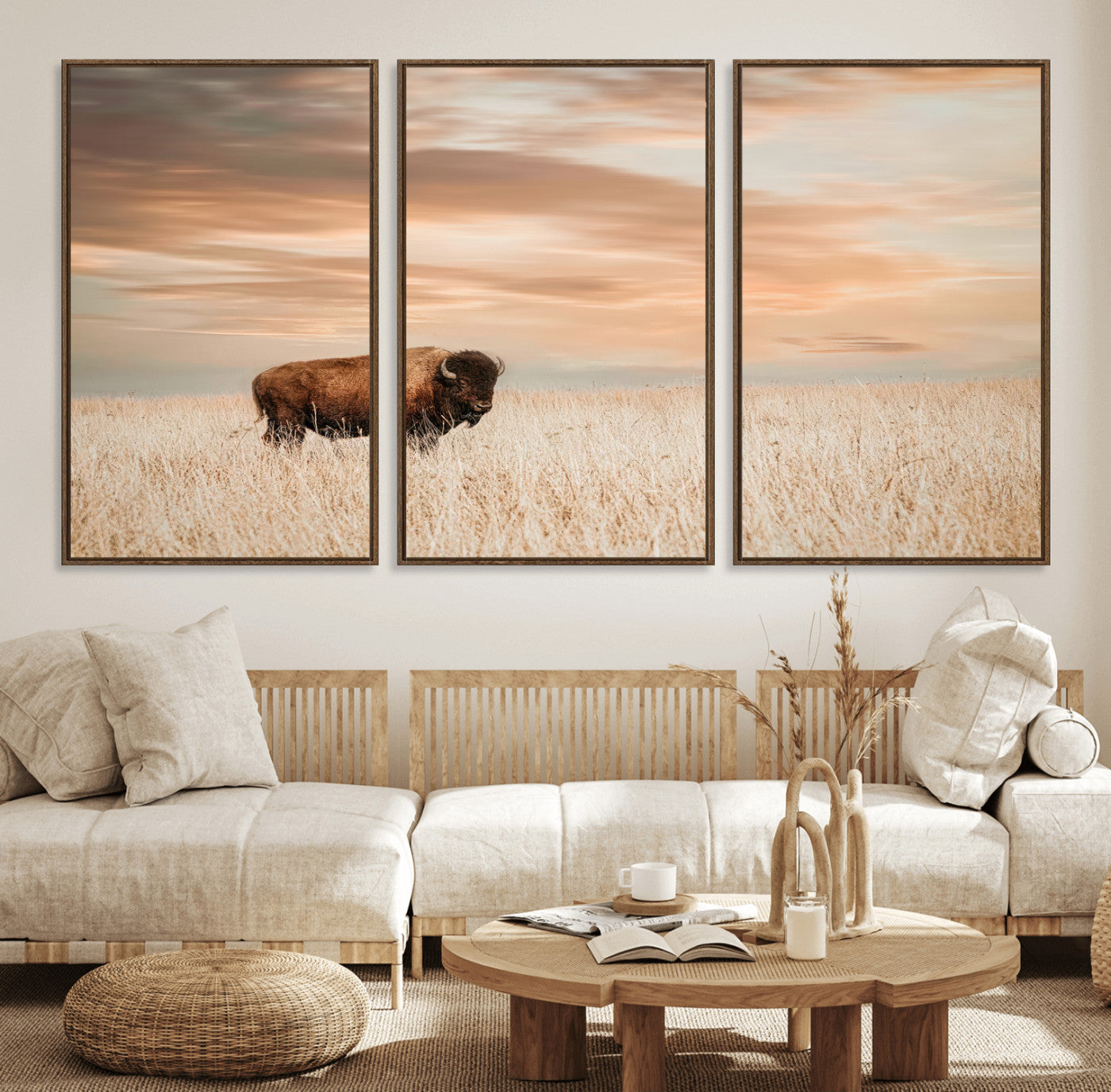 87282289-MGV-FC-60X30-3P_Walnut-Bison Wall Art Canvas Print – Framed Buffalo Artwork, Western Prairie Scene Perfect Rustic Decor for Home, Office