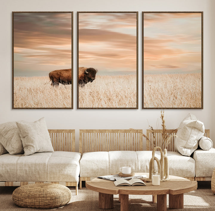 Bison Wall Art Canvas Print, Buffalo Print, Framed Western Prairie Art Print, Large Rustic Wildlife Printing Perfect for Rustic Decor