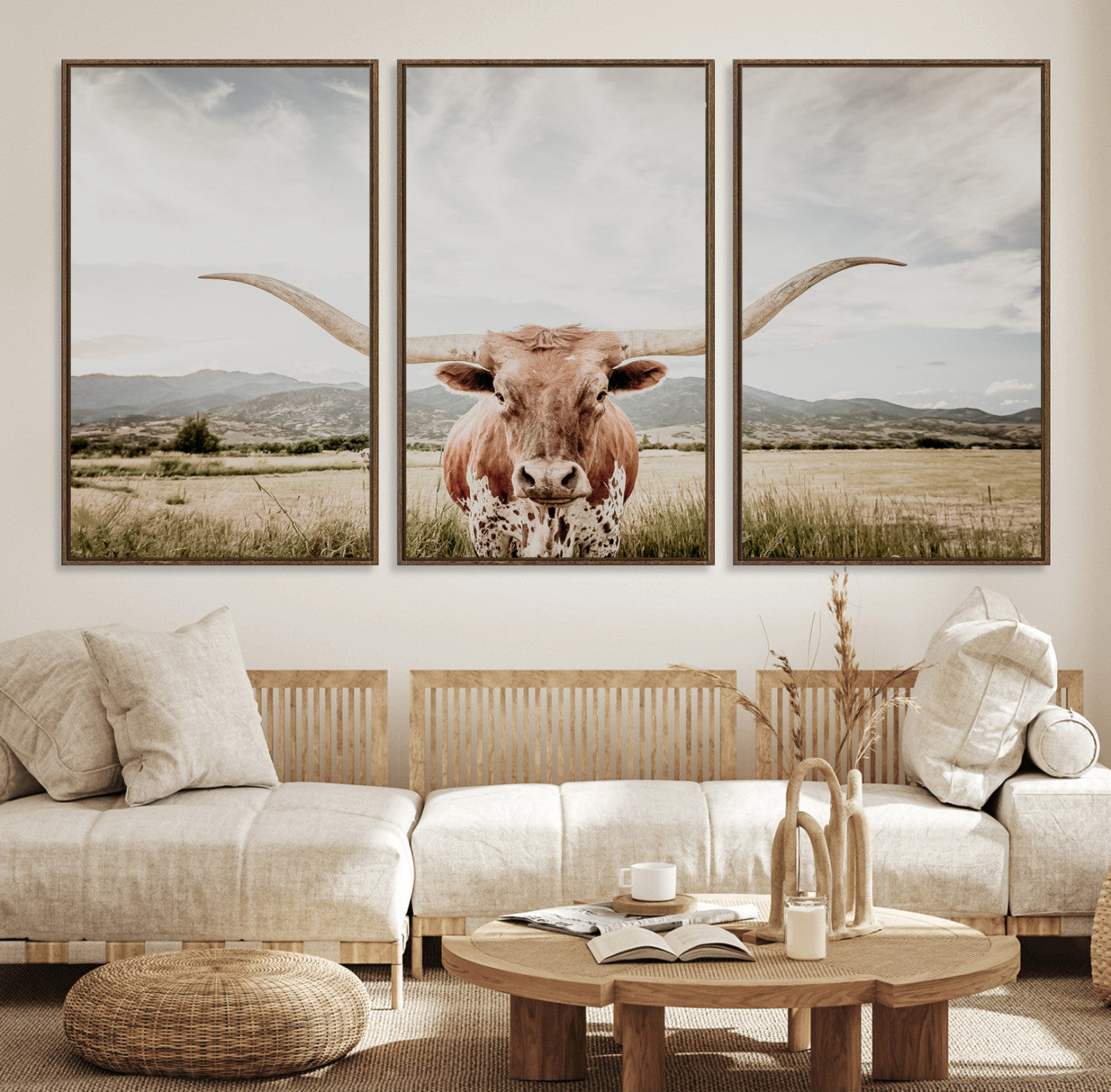 80054319-MGV-FC-60X30-3P_Walnut-Texas Longhorn Wall Art Canvas Print – Framed Western Cow Scene with Rustic Farmhouse Artwork for Home, Office