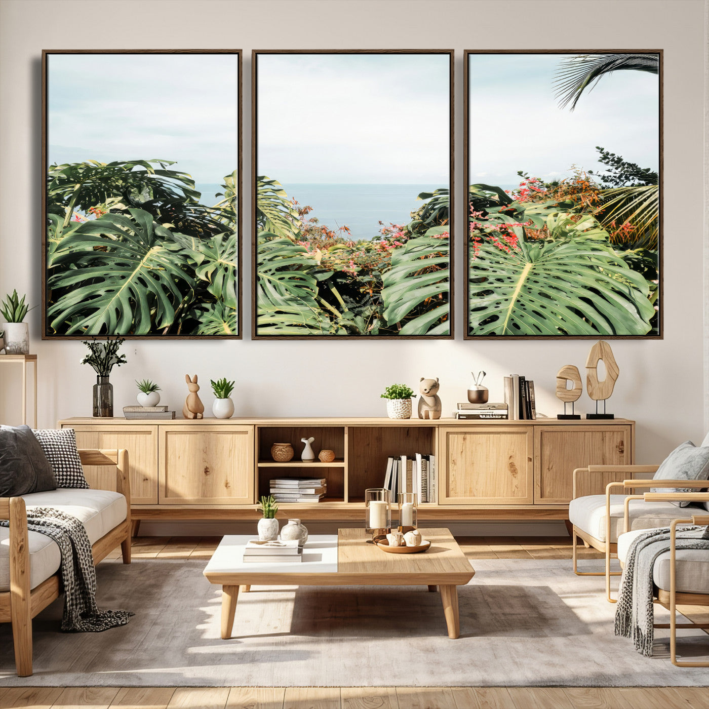 45700479-MGV-CV-36X24 - Tropical Greenery Wall Art – Exotic Leaves & Ocean View Canvas Print, Sunlit Paradise and Vibrant Nature for Living Room or Coastal Decor