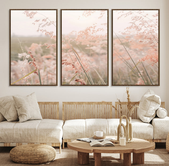 Pastel Grasses Wall Art Canvas Print, Soft Meadow Print, Framed Field in Breeze Art Print, Large Pink Meadow Printing Soft Pastel