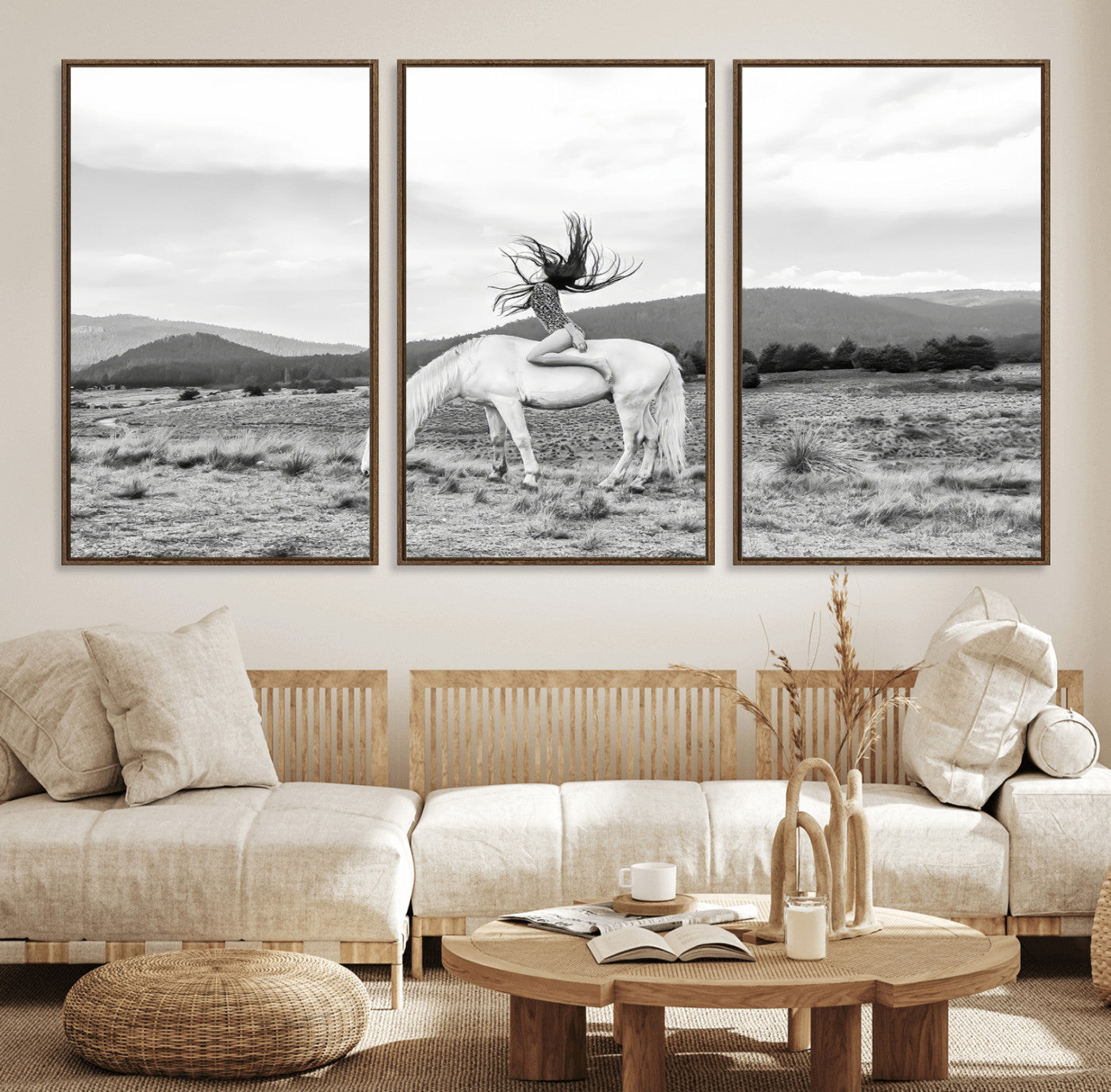 62789800-MGV-FC-60X30-3P_Walnut-White Horse Wall Art Canvas Print – Framed Woman Rider Equestrian Pose Western Boho Elegant Artwork for Home Office