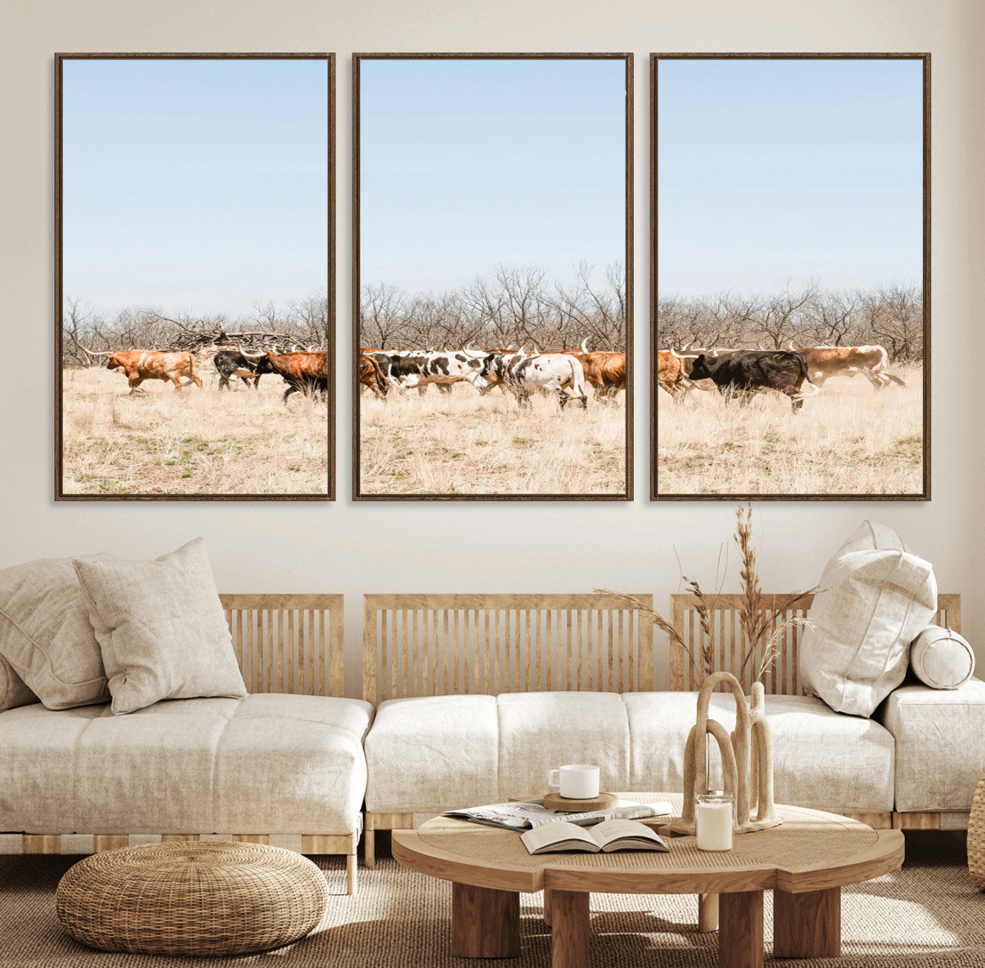 16563092-MGV-FC-60X30-3P_Walnut-Texas Longhorns Wall Art Canvas Print – Framed Western Cattle Rustic Herd Farmhouse Country Animal Artwork for Home Office