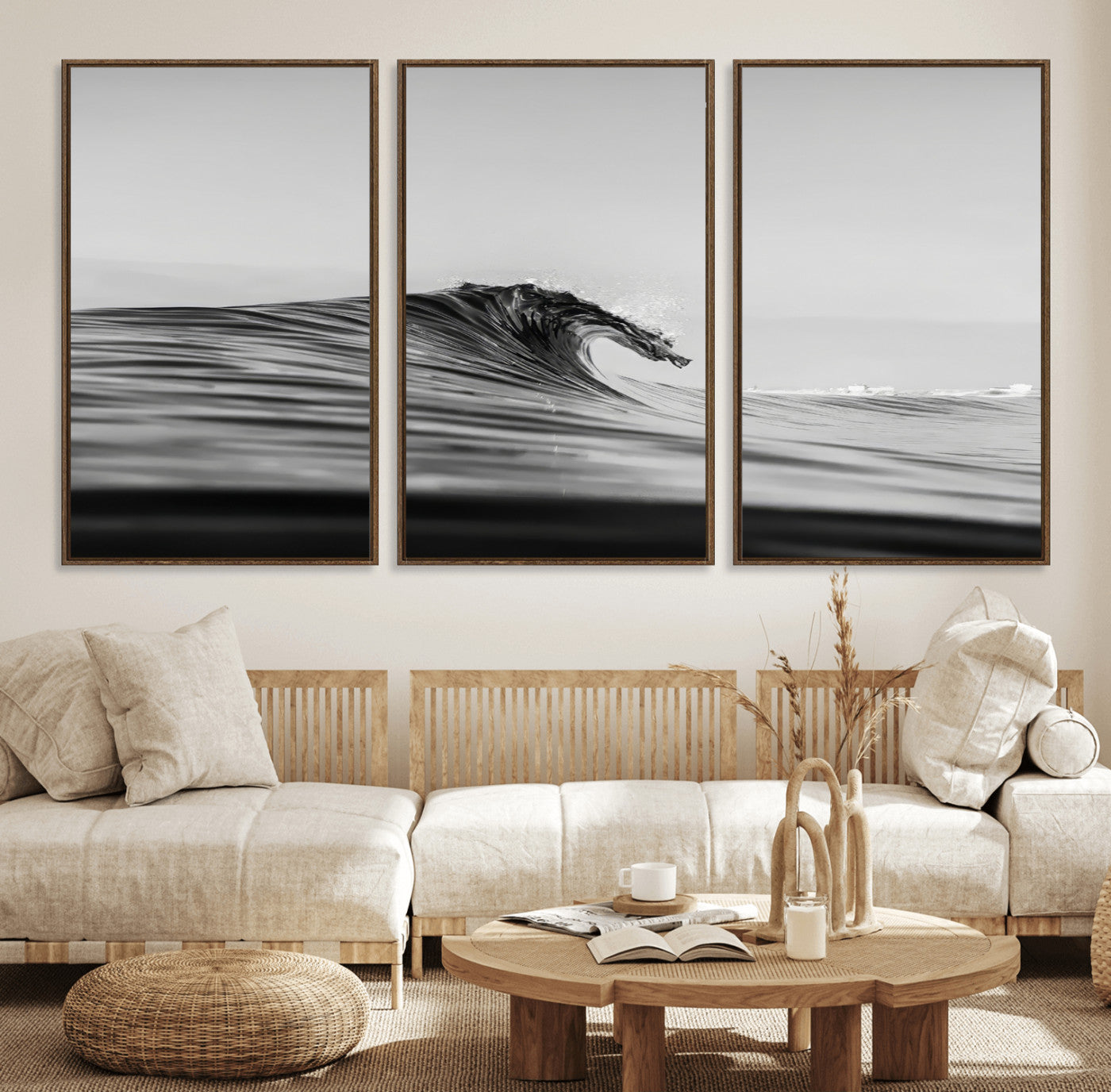 24029476-MGV-FC-60X30-3P_Walnut-Black Wave Wall Art Canvas Print – Framed Abstract Surf Minimalist Ocean Modern Coastal Seascape Artwork for Home Office