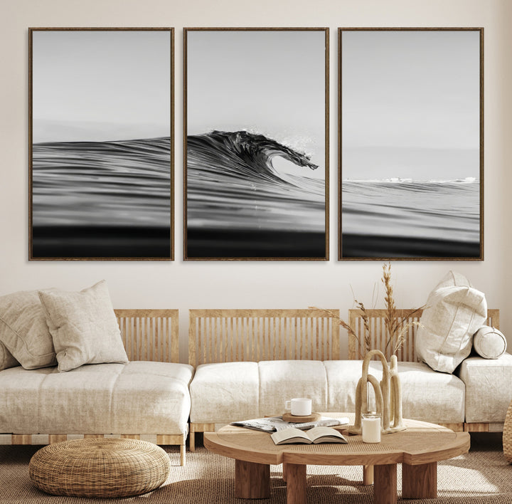 Black Wave Wall Art Canvas Print, Abstract Surf Print, Framed Minimalist Ocean Art Print, Large Black Water Printing Minimalist