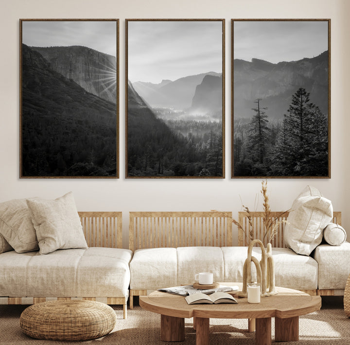 Yosemite Valley Wall Art Canvas Print, El Capitan Sunrise Print, Framed Misty Mountain Art Print, Large Monochrome Valley Printing