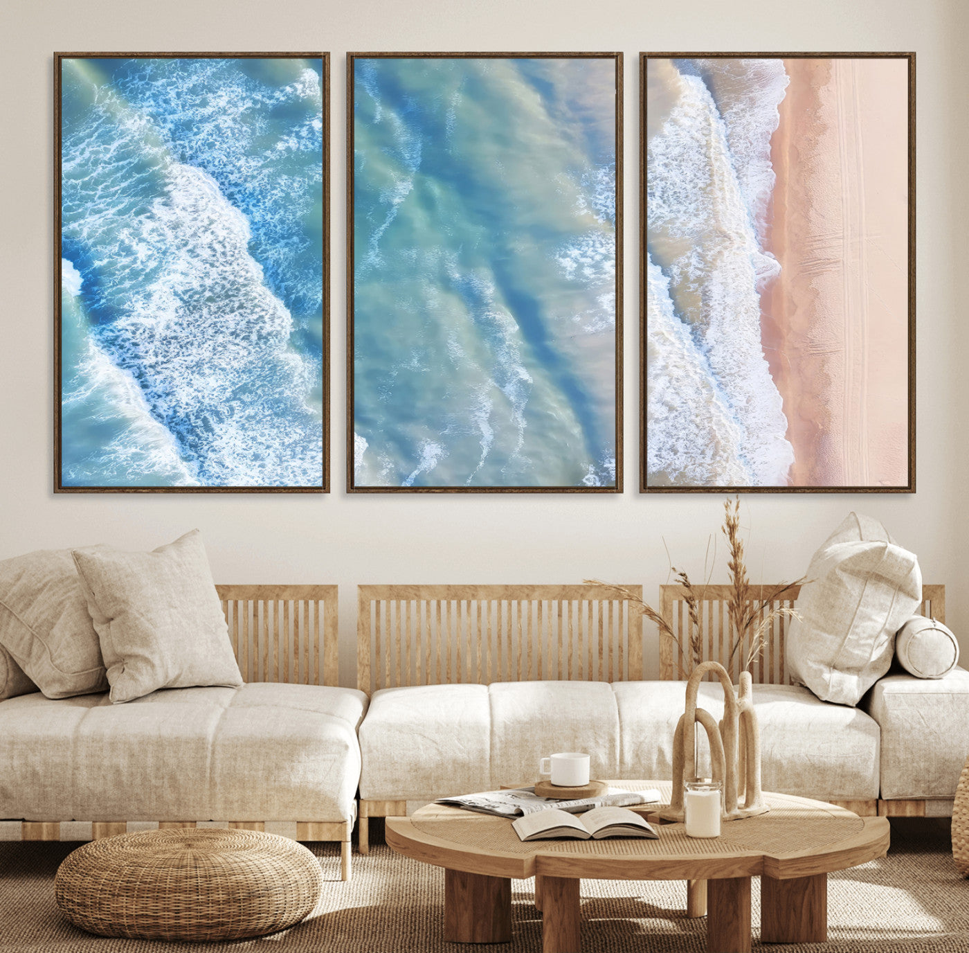 17641845-MGV-FC-60X30-3P_Walnut-Aerial Ocean View Wall Art Canvas Print – Framed Soft Blue Waves Sandy Shoreline Modern Coastal Artwork for Home Office