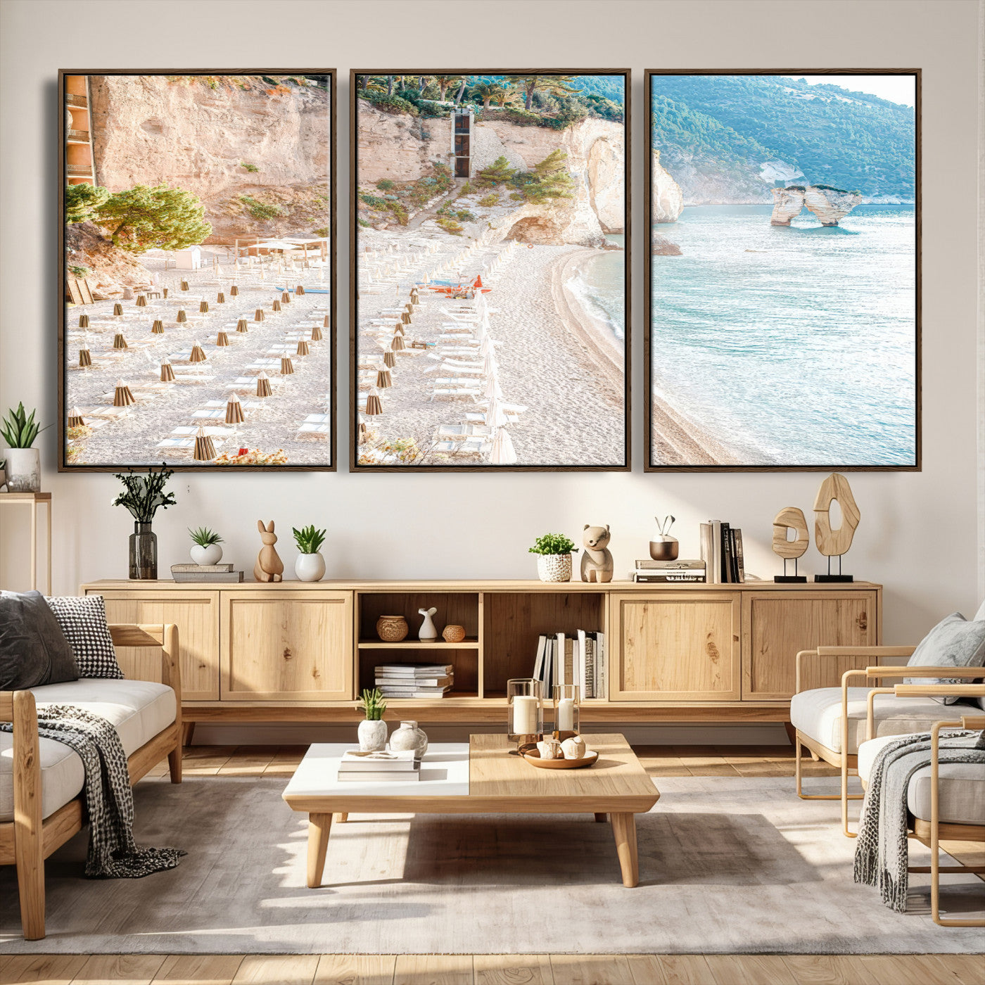 84816639-MGV-CV-36X24 - Sunny Beach Wall Art – Chairs & Umbrellas Canvas Print, Clear Water, Rocky Cliffs, Coastal Calm for Living Room or Vacation Home Decor