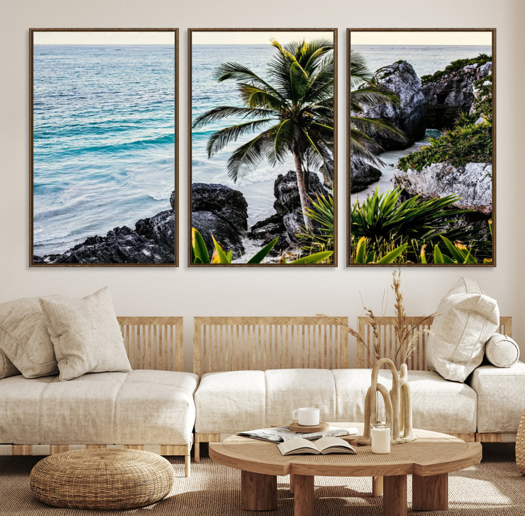 Framed canvas of a vibrant tropical coastline with palm trees, rocky cliffs, and turquoise waters, ideal for tropical coastal home decor.