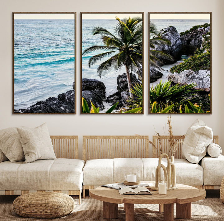 Framed canvas of a vibrant tropical coastline with palm trees, rocky cliffs, and turquoise waters, ideal for tropical coastal home decor.
