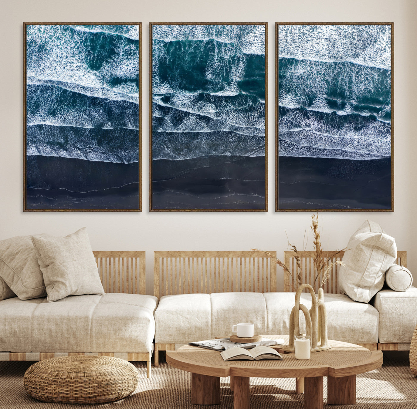 87941475-MGV-CV-36X24-Black Beach Wall Art Canvas Print – Framed Aerial Ocean View Moody Coastal Seascape Nature Artwork for Home Office
