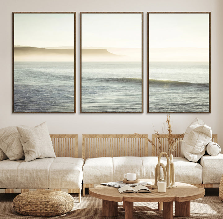 Canvas of a misty ocean scene with coastal cliffs and soft neutral tones, ideal for Scandinavian coastal or minimalist nature-inspired home decor.