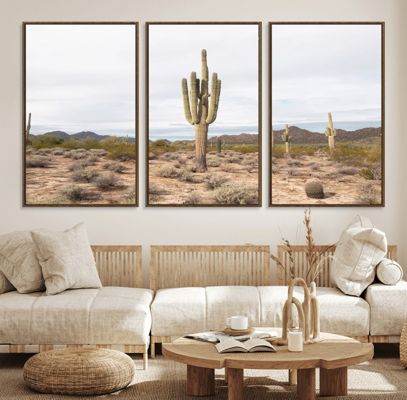 MGV-FC-60X30-3P - Saguaro Cactus Wall Art Canvas Print, Framed Desert Cactus Art Picture Print, Earthy Desert Perfect Southwestern Boho Decor Artwork