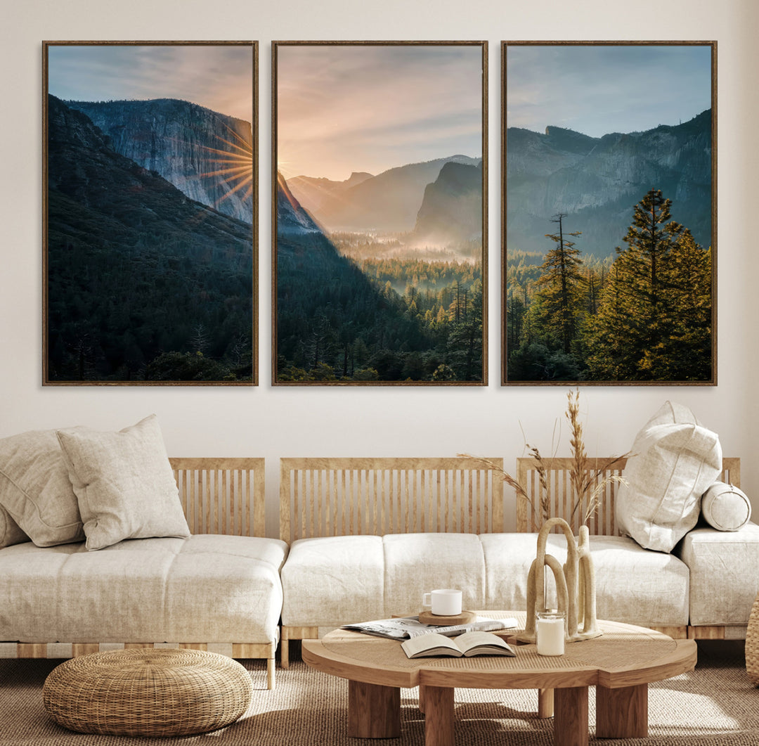 Canvas of Yosemite Valley at sunrise with dramatic rays and earthy tones, perfect for vintage explorer or wilderness-themed home decor.