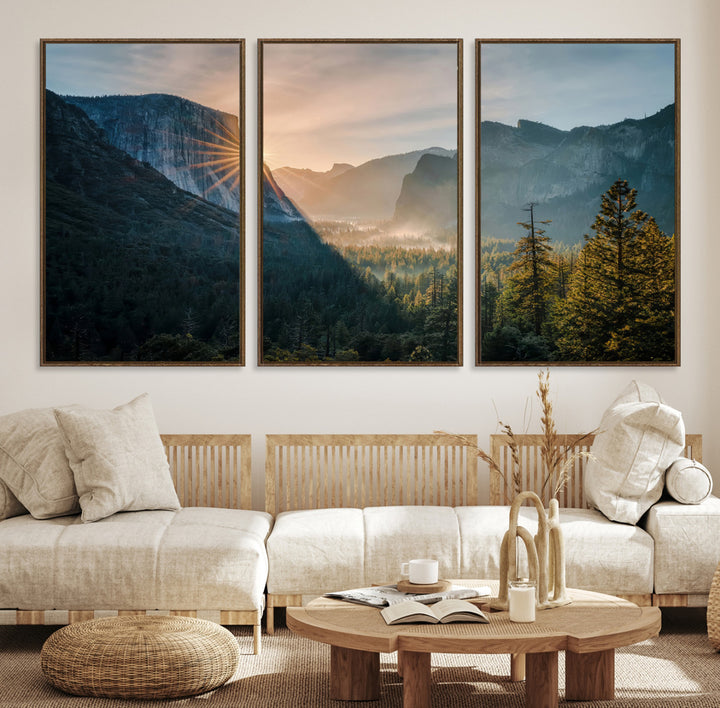 Canvas of Yosemite Valley at sunrise with dramatic rays and earthy tones, perfect for vintage explorer or wilderness-themed home decor.