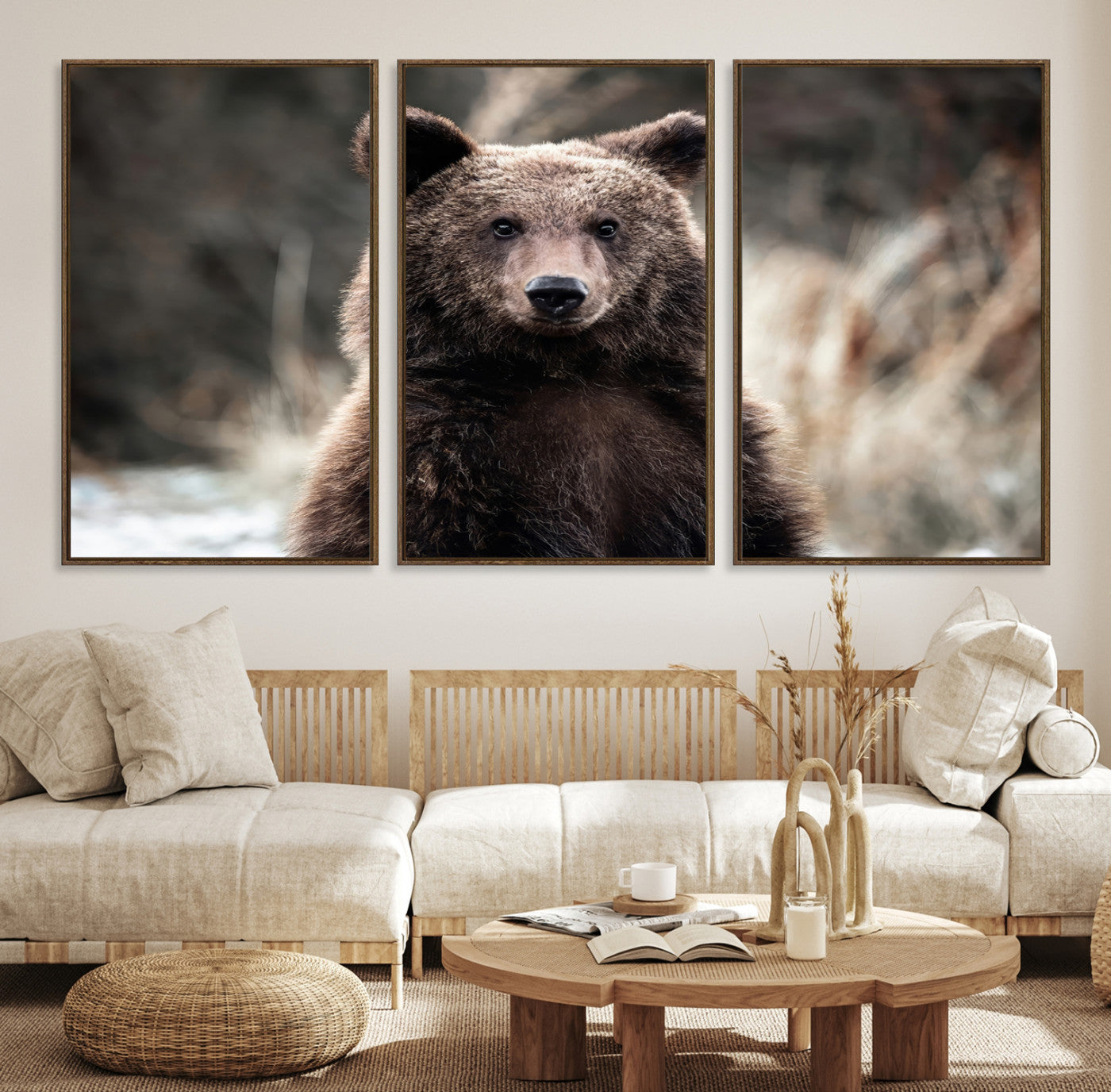 47112103-MGV-CV-36X24-Brown Bear Wall Art Canvas Print – Framed Majestic Woodland Wildlife Scene Artwork for Cabin, Home, Office, Living Room