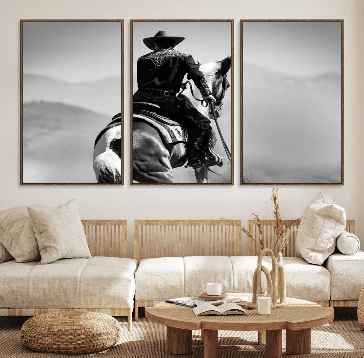 83102464-MGV-CV-36X24-Western Wall Art Canvas Print – Framed Cowboy and Horse Scene Artwork for Rustic Western Home, Office Decor
