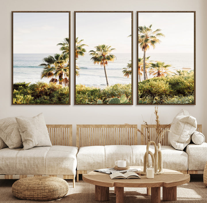 Framed print of sunlit palm trees on the California coast with warm tones, perfect for coastal minimalist or beach-style home decor.