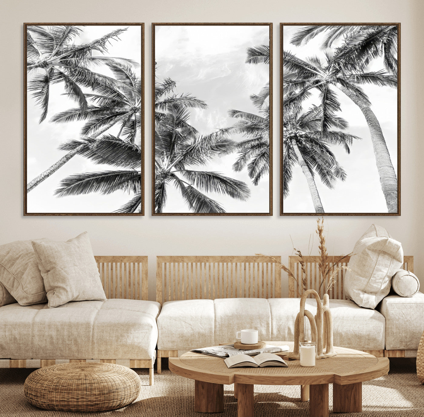 62113786-MGV-FC-60X30-3P_Walnut-Black and White Palm Wall Art Canvas Print – Monochrome Tropical Beach Minimalist Coastal Artwork for Home, Office