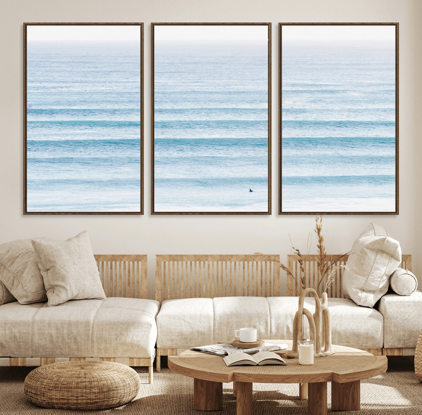 77145995-MGV-FC-60X30-3P_Walnut-Ocean Wave Surfer Wall Art – Framed Minimal Seascape Canvas Artwork, Calm Blue Water Design, Coastal Decor for Home, Office