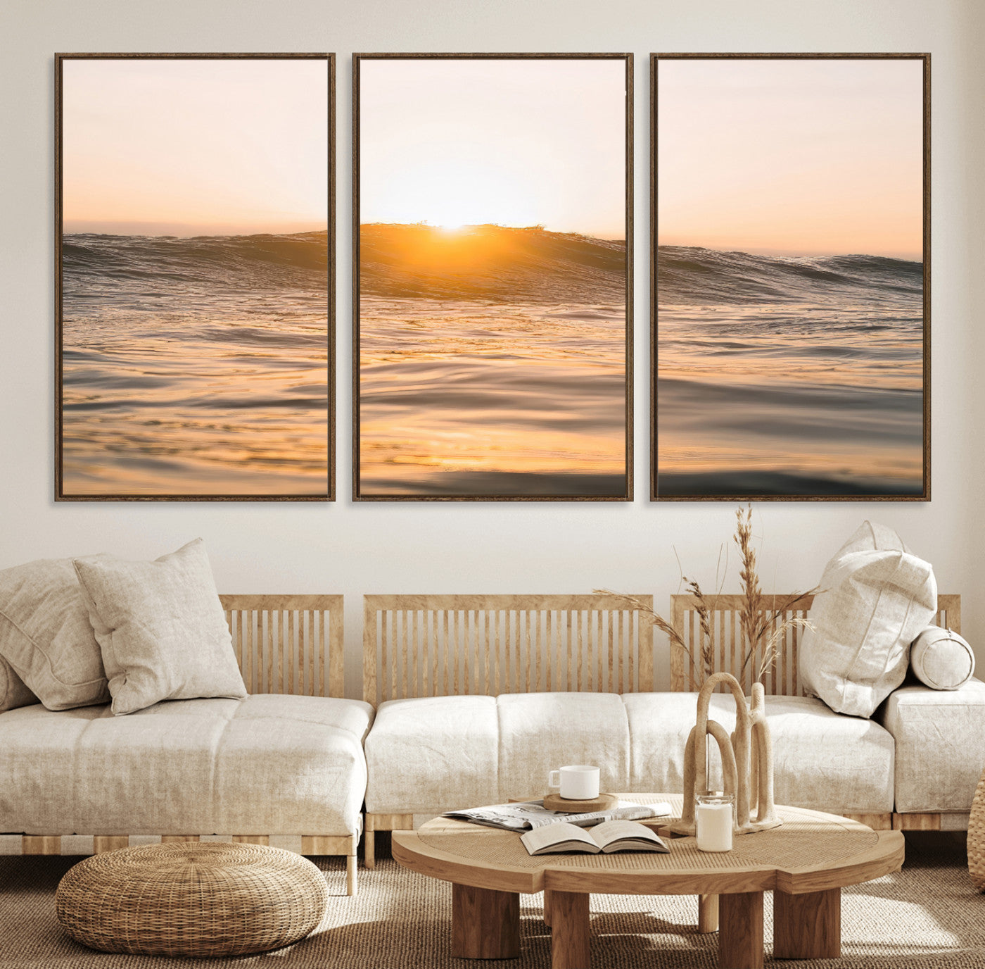 16973771-MGV-FC-60X30-3P_Walnut-Calm Water Wall Art – Framed Sunset Waves Canvas Artwork, Coastal Warm Design, Minimal Ocean Decor for Home, Office