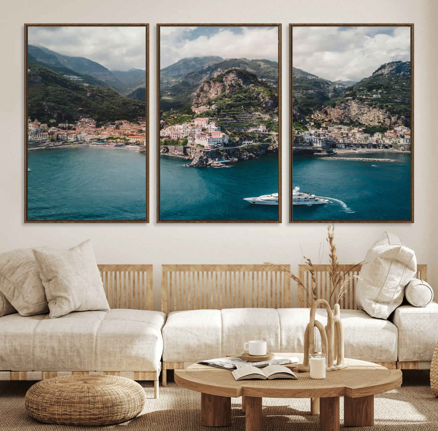 20321590-MGV-FC-60X30-3P_Walnut-Amalfi Coast Wall Art – Framed Italian Seaside Canvas Artwork, Mediterranean Landscape Design, Coastal Decor for Home, Office