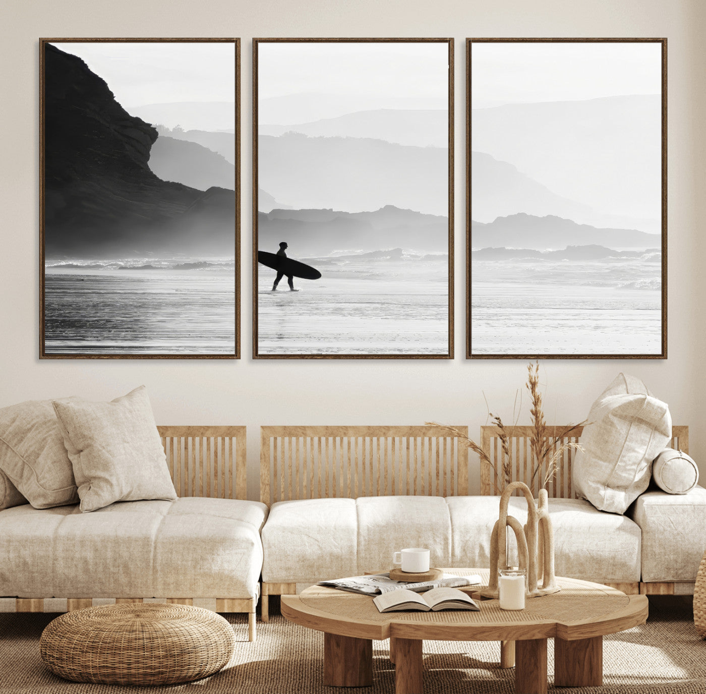 69956934-MGV-FC-60X30-3P_Walnut-Surfer Beach Wall Art – Framed Black White Ocean Canvas Artwork, Misty Coastal Design, Minimal Surf Decor for Home, Office