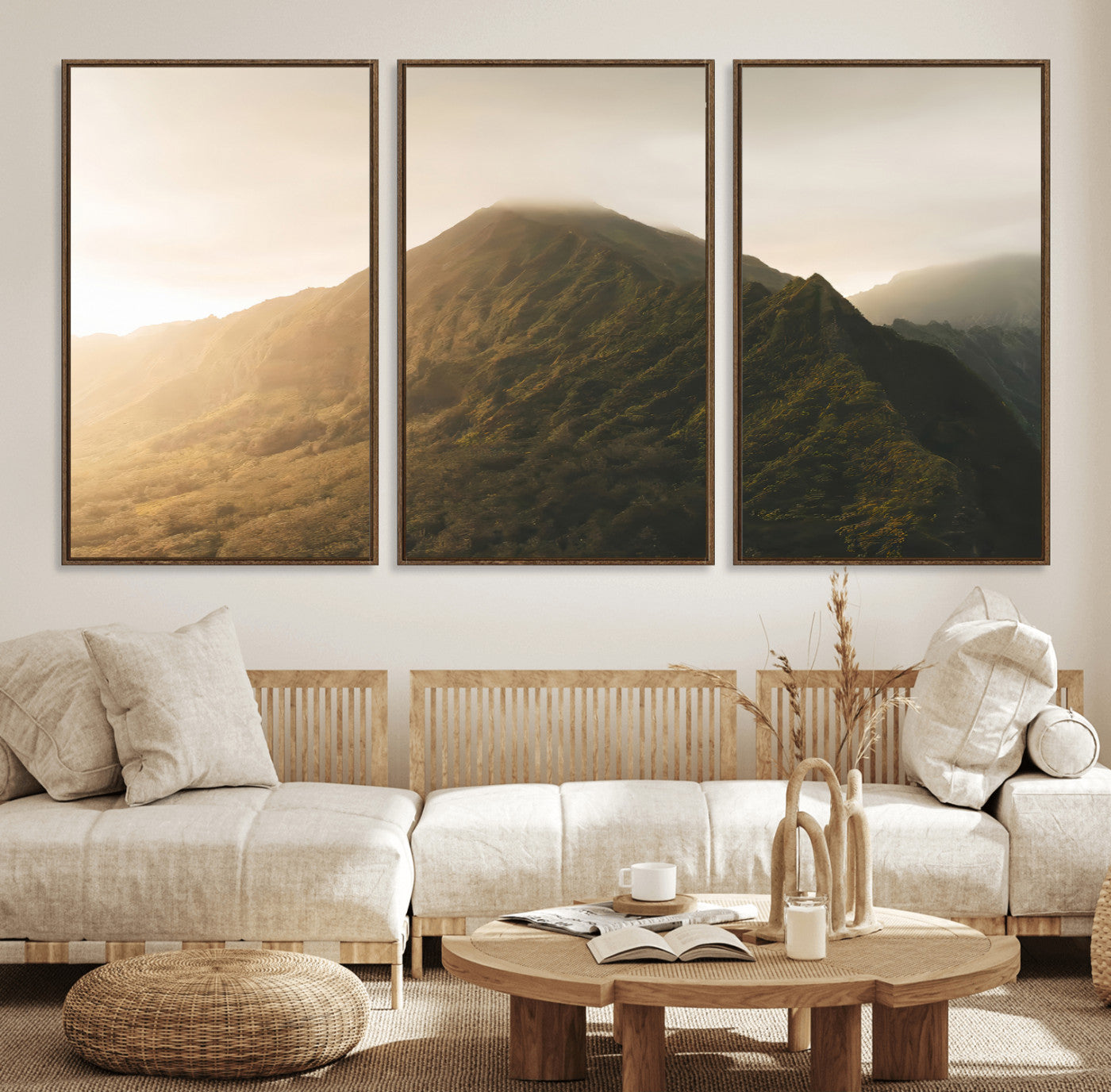 42338636-MGV-FC-60X30-3P_Walnut-Mountain Wall Art – Framed Sunset Landscape Canvas Artwork, Serene Nature Design, Rustic Decor for Home, Office