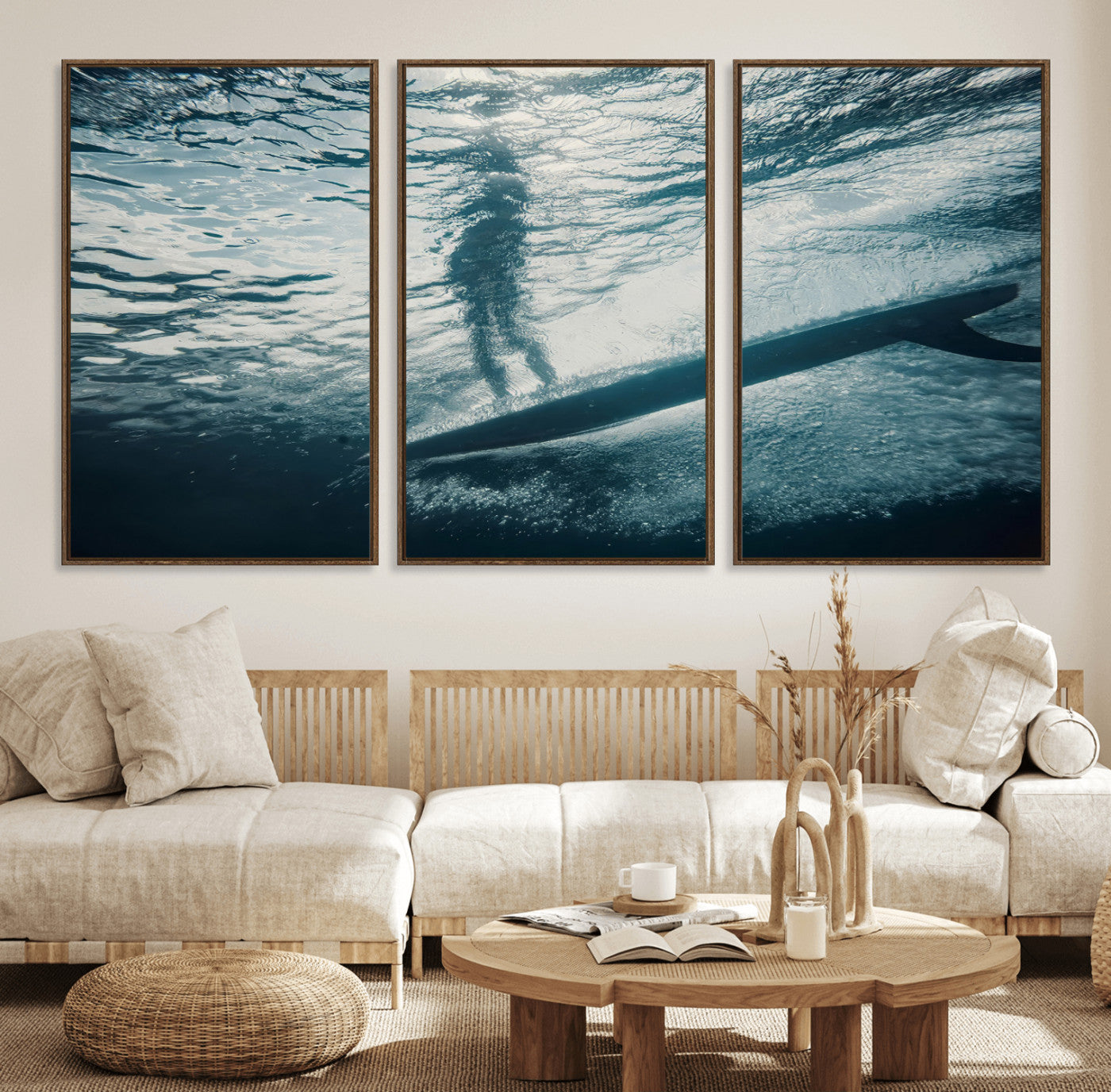 71192524-MGV-FC-60X30-3P_Walnut-Underwater Surf Wall Art – Framed Ocean Wave Canvas Artwork, Aquatic Surfboard Design, Modern Coastal Decor for Home, Office