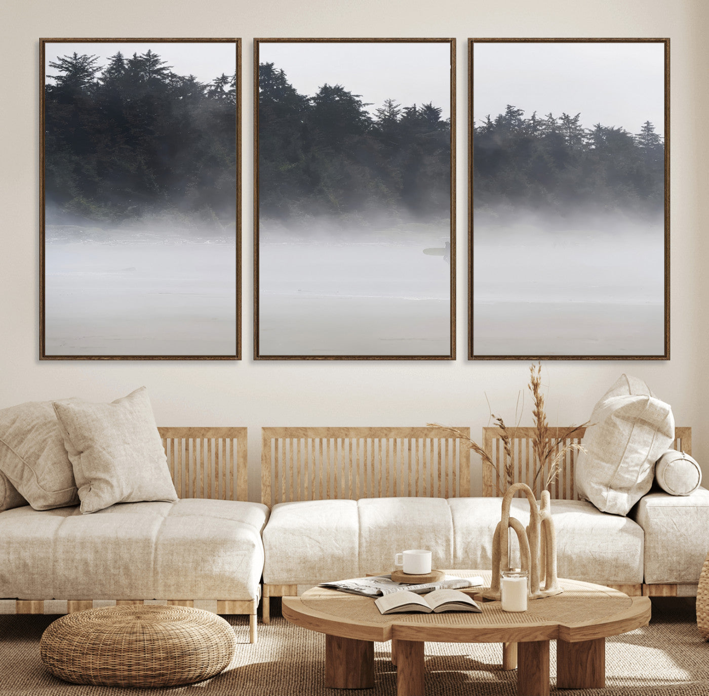 59703275-MGV-FC-60X30-3P_Walnut-Surfer Fog Wall Art Canvas Print – Framed Foggy Beach Scene with Coastal Surf Artwork for Home, Office, Living Room