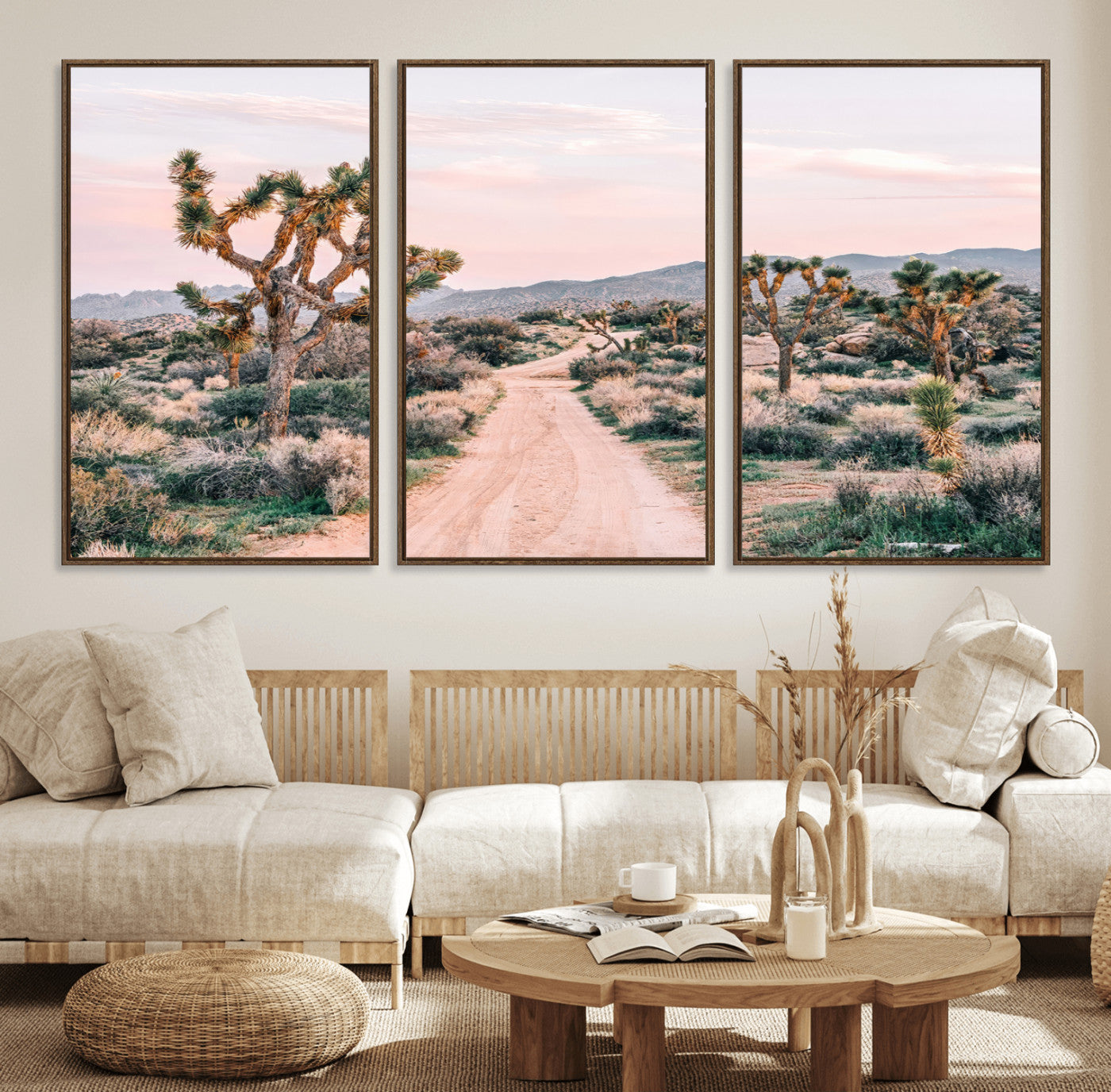 12540952-MGV-FC-60X30-3P_Walnut-Joshua Tree Wall Art Canvas Print – Framed Desert Road Scene with Sunset Artwork for Home, Office, Living Room