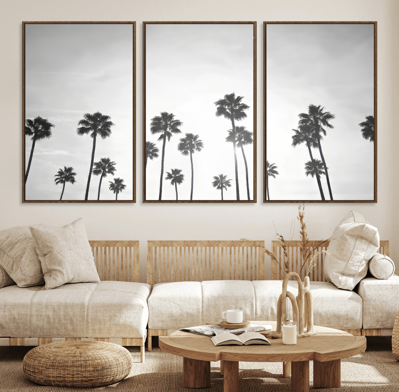 62298277-MGV-FC-60X30-3P_Walnut-Monochrome Palms Wall Art Canvas Print – Framed Minimalist Silhouetted Trees Artwork for Home, Office, Living Room