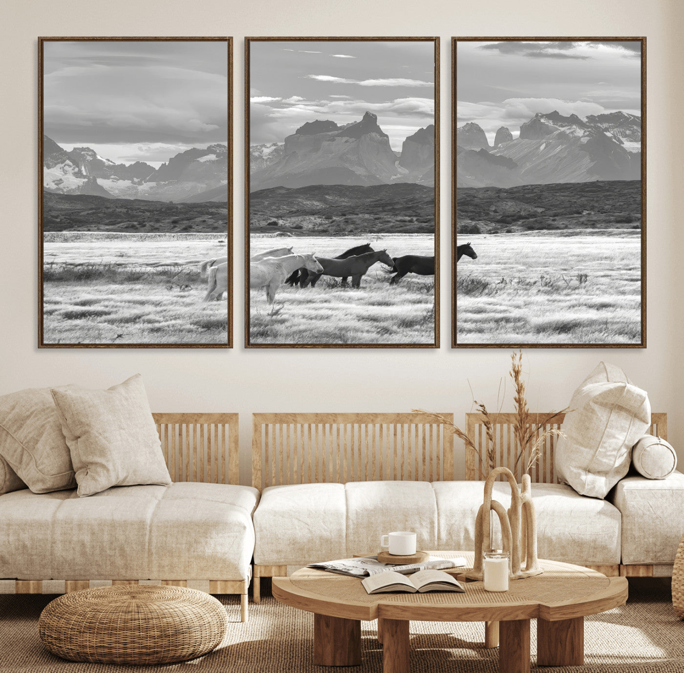 MGV-FC-60X30-3P - Wild Horses Wall Art Canvas Print, Framed Black White Mountains Art Picture Print, Rustic Countryside Perfect Rustic Western Decor Artwork