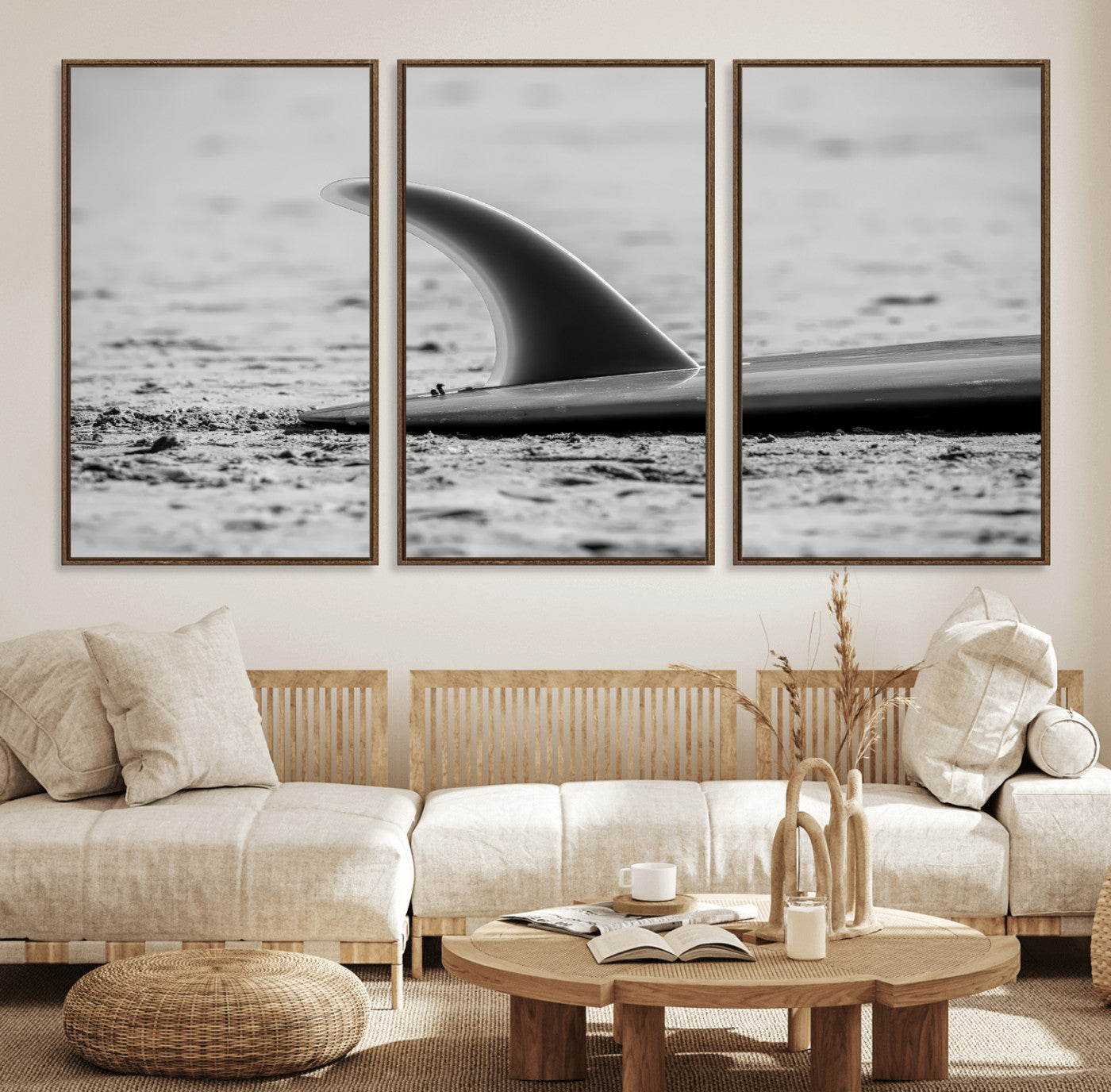 MGV-FC-60X30-3P - Black White Surfboard Wall Art Canvas Print, Framed Minimalist Beach Art Picture Print, Surf Fin Perfect Minimalist Coastal Decor Artwork