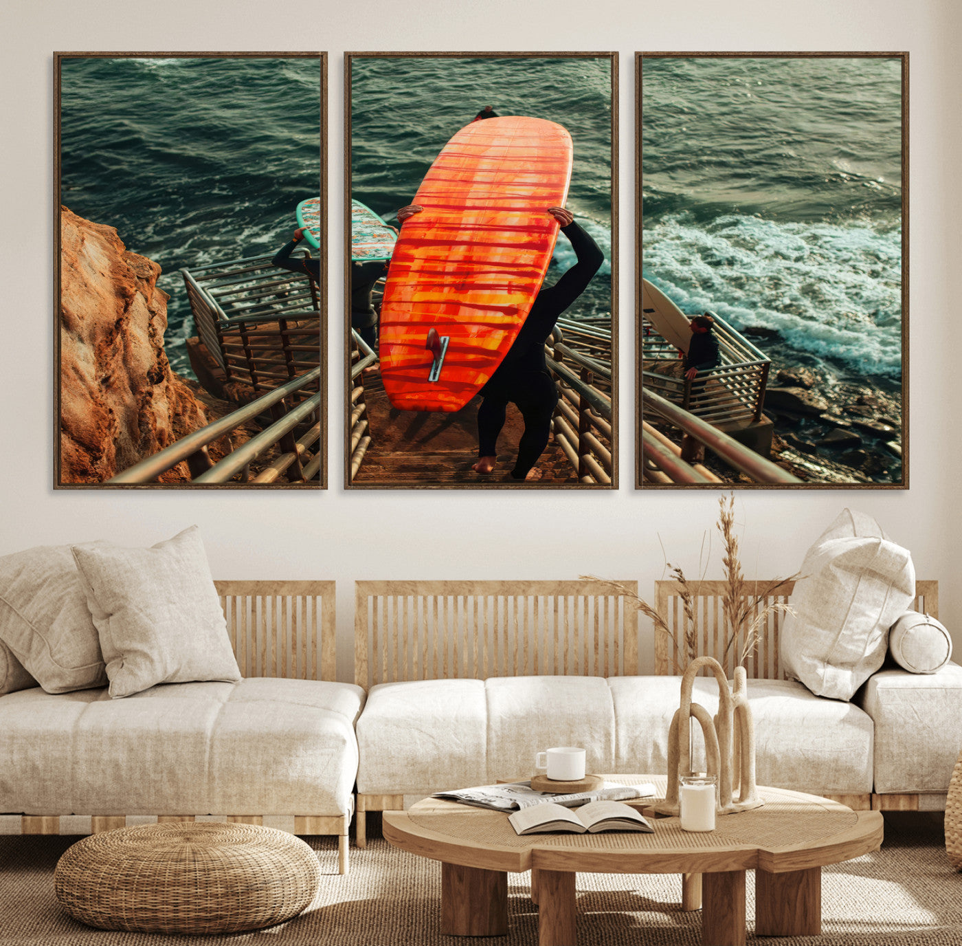 MGV-FC-60X30-3P - Surfer Stairway Wall Art Canvas Print, Framed Ocean Surf Art Picture Print, Sunset Coastal Perfect Coastal Adventure Decor Artwork