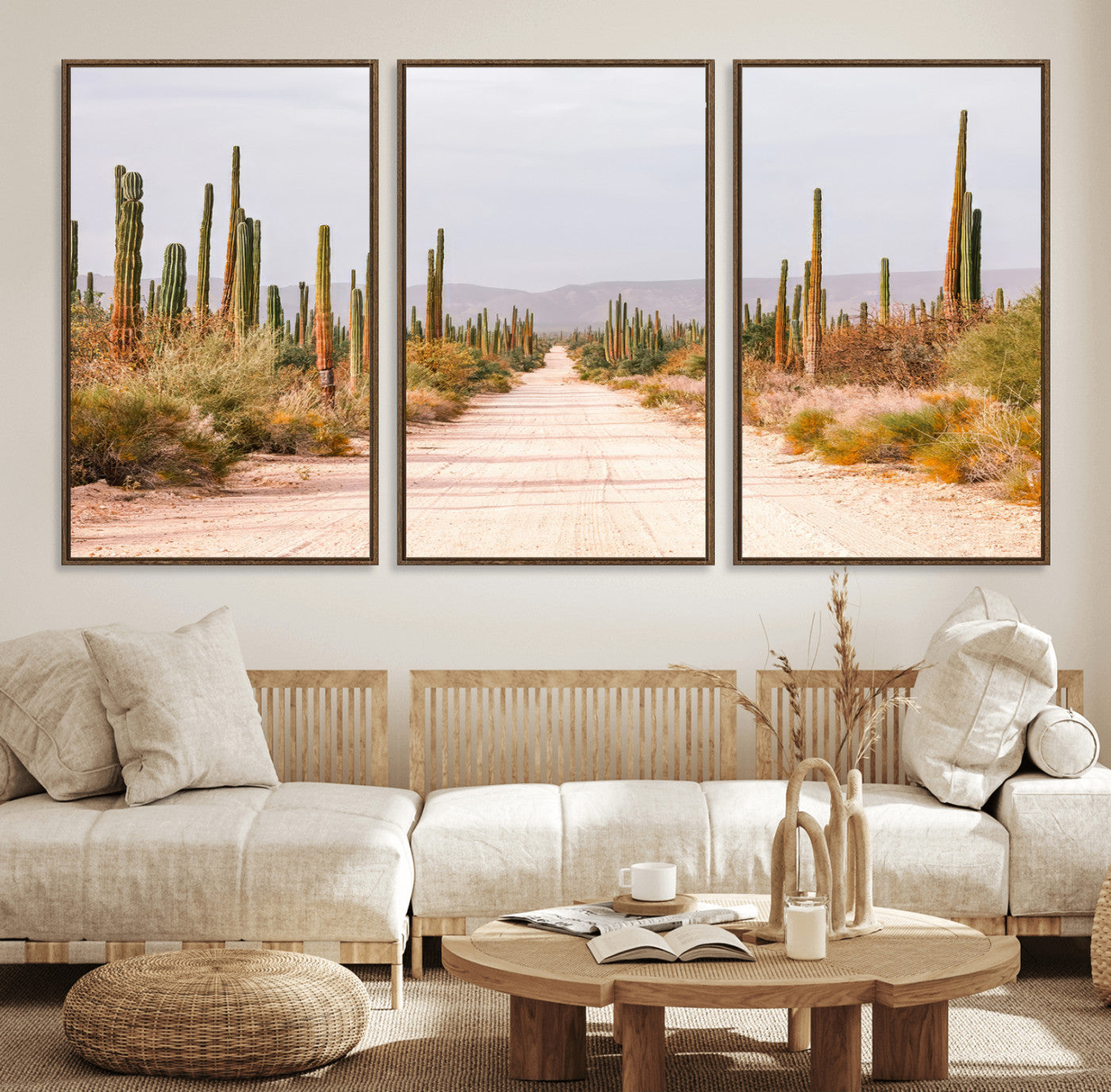 30742780-MGV-FC-60X30-3P_Walnut-Desert Cactus Road Wall Art – Framed Southwestern Canvas Artwork, Rustic Desert Design, Minimal Decor for Home, Office