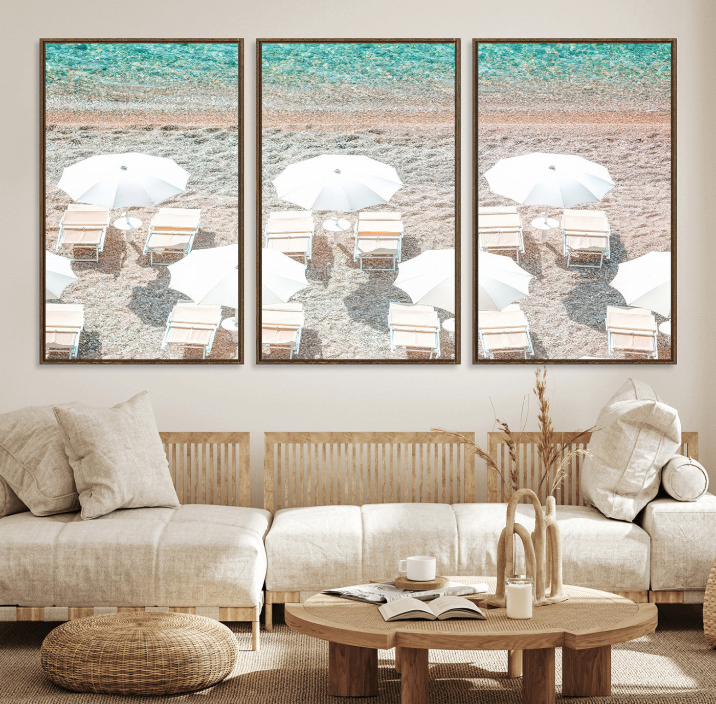 83736167-MGV-FC-60X30-3P_Walnut-Calm Beach Wall Art – Framed Turquoise Water Canvas Artwork, Umbrella Shoreline Design, Coastal Decor for Home, Office